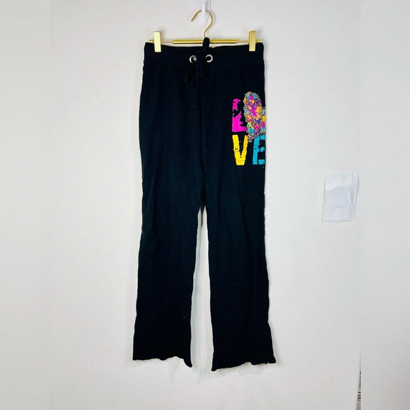 Rue21 Women’s Black Flare Lounge Pants LOVE Colorful Graphic Size Small - Picture 1 of 8